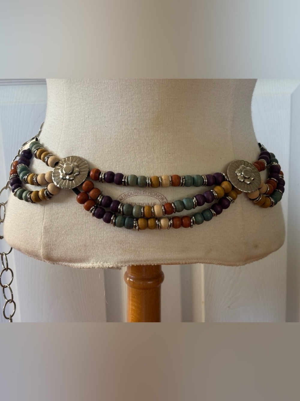 VINTAGE XL Wooden Bead and Chain Belt with Silver Accents